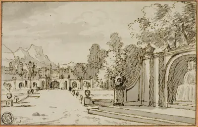 Formal Garden with Fountain in Foreground av Bernard Picart