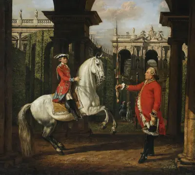 Colonel Königsfels teaching Prince Józef Poniatowski how to ride av Bernardo Bellotto