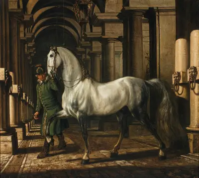 Stable boy leading a horse av Bernardo Bellotto