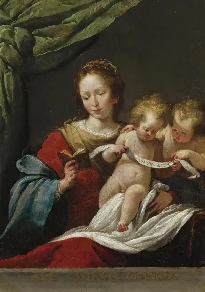 The Madonna Reading, With The Christ Child And Infant Saint John The Baptist av Bernardo Strozzi