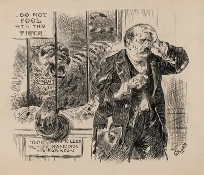 A warning to Grover Cleveland in 1883 that the Tammany organization support had proved fatal to three Democratic candidates already. av Bernhard Gillam