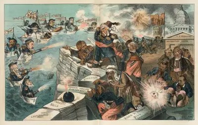 Another bombardment – the newspaper fleet firing on the Bedouins in Washington, Bernhard Gillam
