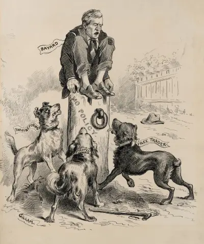 Bayard crouching atop tree stump ‘No Policy,’ terrorized by three angry dogs ‘Tariff Reformer,’ ‘Protectionist,’ ‘Free Trader’ av Bernhard Gillam