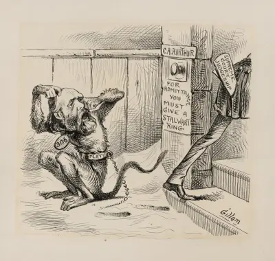 Caricature of Thomas Platt as a chained monkey, next to sign that reads ‘For admittance (to Supreme Court judgeship), you must give a stalwart ring’ av Bernhard Gillam