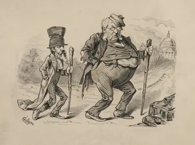 Chester Arthur and Thomas Platt walking to Washington, DC av Bernhard Gillam
