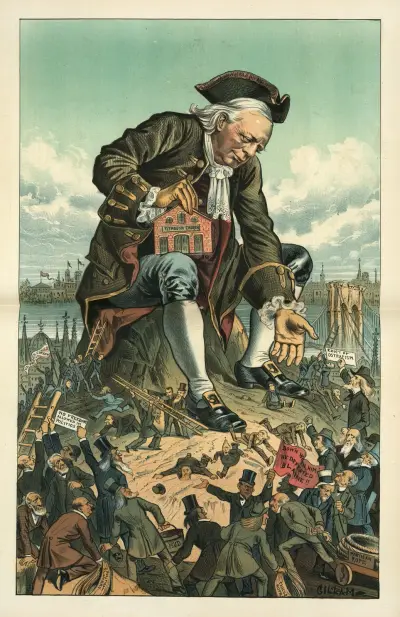 Gulliver and the party Liliputians — they cannot bind him av Bernhard Gillam