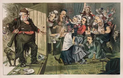 The great congressional tramp bullying the old women of the national household, Bernhard Gillam