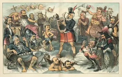 The olympus of corruption – ‘Apollo strikes the lyre and charms the gods’ av Bernhard Gillam