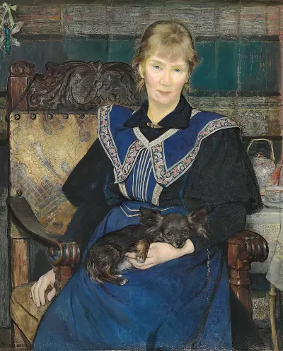 Kvinde i blå kjole med en lille hund i skødet av Bertha Wegmann