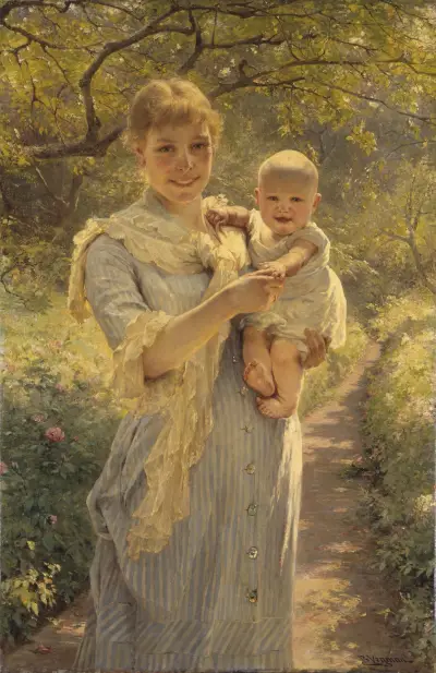 Young Mother with a Child in a Garden av Bertha Wegmann