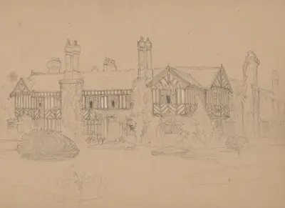 Skizze eines Landhauses von Myles Birket Foster
