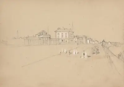Skizze einer Küstenstadt mit Promenade von Myles Birket Foster