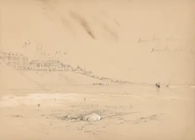 Topografische Skizze einer Küstenstadt mit Gebäuden und Strand von Myles Birket Foster