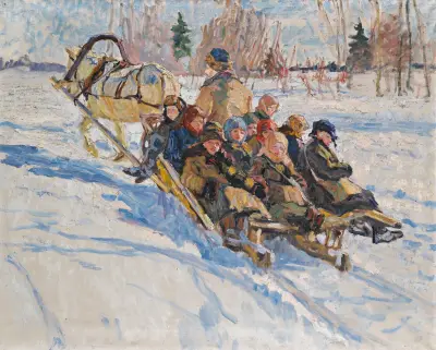 Children riding in a sleigh av Nikolai Bogdanov-Belsky