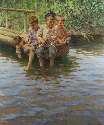 Four boys on the bank jetty while fishing av Nikolai Bogdanov-Belsky