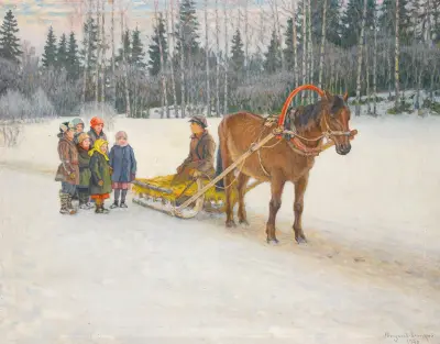 Winter Sleigh With Children av Nikolai Bogdanov-Belsky
