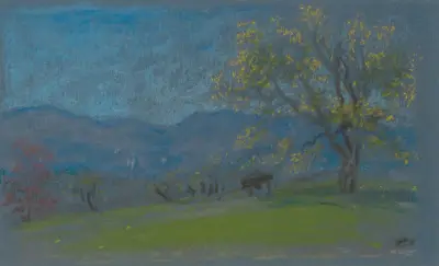 Landskap med gult träd av Arthur Bowen Davies
