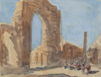 The Quwwat-ul-Islam (or Might of Islam) mosque and the Iron Pillar of Delhi, Qtub Minar complex av Hercules Brabazon Brabazon