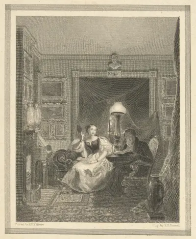 Interior view with husband reading to wife av Asher Brown Durand