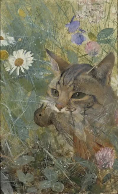 Katt med en ung fågel i munnen av Bruno Liljefors