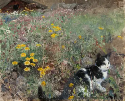 Katt på en blomsteräng av Bruno Liljefors