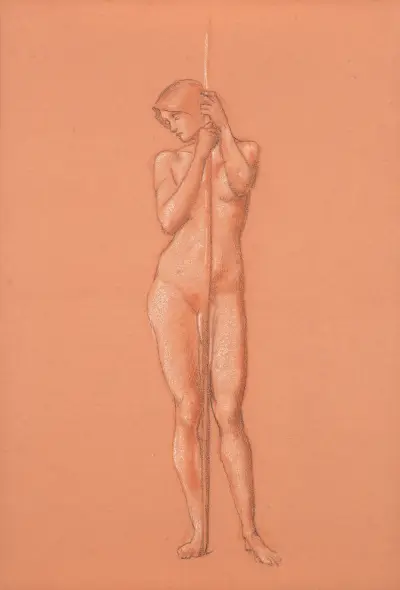 Nakenstudie för uppvaktande figur med spjut i Kung Arthurs sömn i Avalon av Sir Edward Coley Burne-Jones
