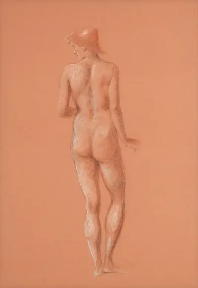 Nude study for attendant figure in The Sleep of Arthur in Avalon av Sir Edward Coley Burne-Jones