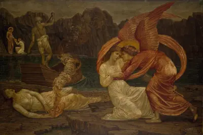 Psyche receiving the Casket from Proserpine av Sir Edward Coley Burne-Jones