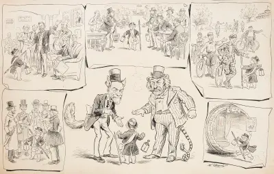 ‘Puck’s’ cherubic symbol out and about in the world. Six scenes including last of retreat back into ‘Puck Offices’ av Frederick Burr Opper