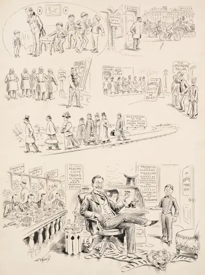 Scenes of the failure of a livery stable, saloon, and American tailors, and of the success of Hustler’s Magazine. av Frederick Burr Opper