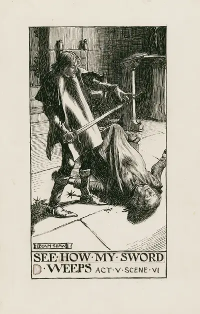 Kung Henrik VI, del 3; Se hur mitt svärd gråter, akt V scen VI av Byam Shaw