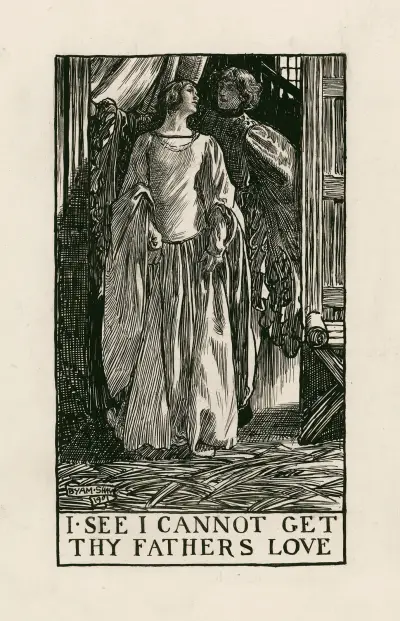 Muntra fruarna i Windsor; jag ser att jag inte kan vinna din fars kärlek, akt III scen IV av Byam Shaw