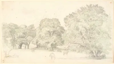 Hästar på en glänta vid stora ekar. Troligen Dyrehaven av P. C. Skovgaard