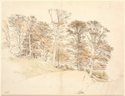 Høje træer med efterårsløv på bakket grund, 1842 av P. C. Skovgaard