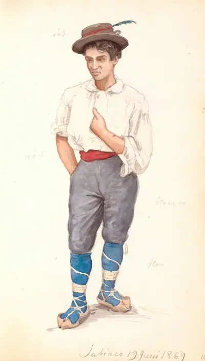Italiensk man med snörmakeri på skon och hatt med fjäder av P. C. Skovgaard