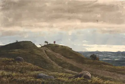 Landskap med sandig väg över en ljungbacke. Till höger utsikt över vidsträckt land med torvmossar. Från Raageleje-egnen av P. C. Skovgaard