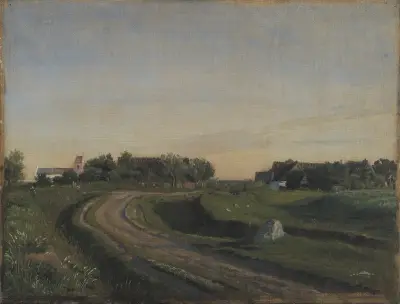 Vejby with the Church seen from the North. Evening Light. Zealand av P. C. Skovgaard