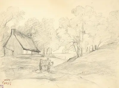 Chaumière dans un paysage arboré avec un homme dans une charrette av Jean-Baptiste-Camille Corot