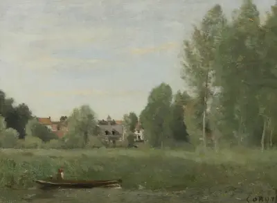 Environs De Mantes, Petites Habitations Cachées Dans Les Arbes Près Du Bord De L’eau av Jean-Baptiste-Camille Corot