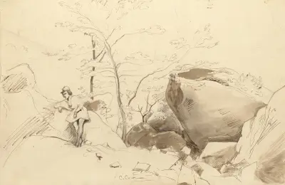 Fontainebleau, Figure Leaning Against a Rock av Jean-Baptiste-Camille Corot
