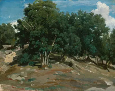 Fontainebleau; Oak Trees at Bas-Bréau av Jean-Baptiste-Camille Corot