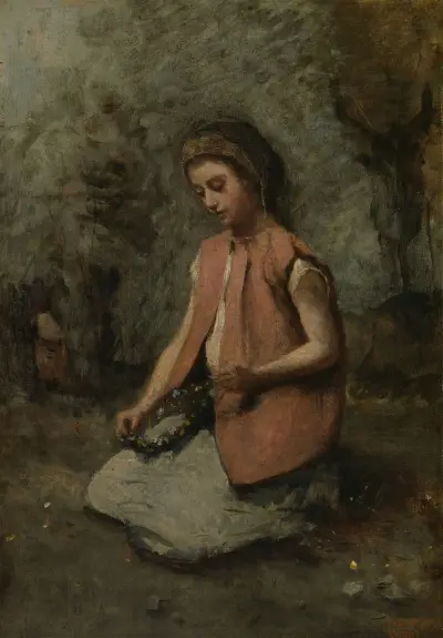 Girl Weaving a Garland av Jean-Baptiste-Camille Corot