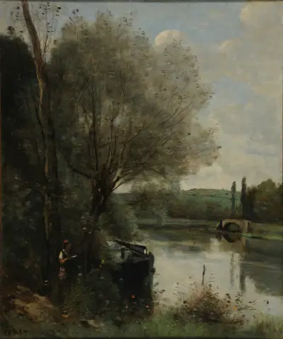 La liseuse sur la rive boisée av Jean-Baptiste-Camille Corot