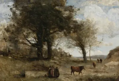 Les Vachères À La Fontaine av Jean-Baptiste-Camille Corot