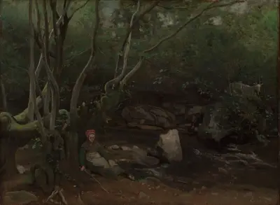 Lormes  Goat-Girl, Sitting Beside a Stream in a Forest av Jean-Baptiste-Camille Corot