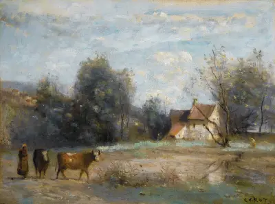 Luzancy, Petites Maisons De Paysans Au Bord De L’eau av Jean-Baptiste-Camille Corot