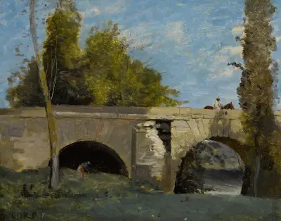 Mantes- Deux Arches Du Pont Avec Un Cavalier av Jean-Baptiste-Camille Corot