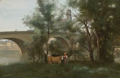 Mantes, Les Bords De La Seine Au Pied Du Pont av Jean-Baptiste-Camille Corot