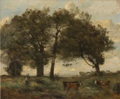 Marecages Boisée Avec Trois Vaches av Jean-Baptiste-Camille Corot