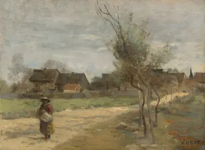 Paysanne Sur Une Route En Vue D’un Village av Jean-Baptiste-Camille Corot